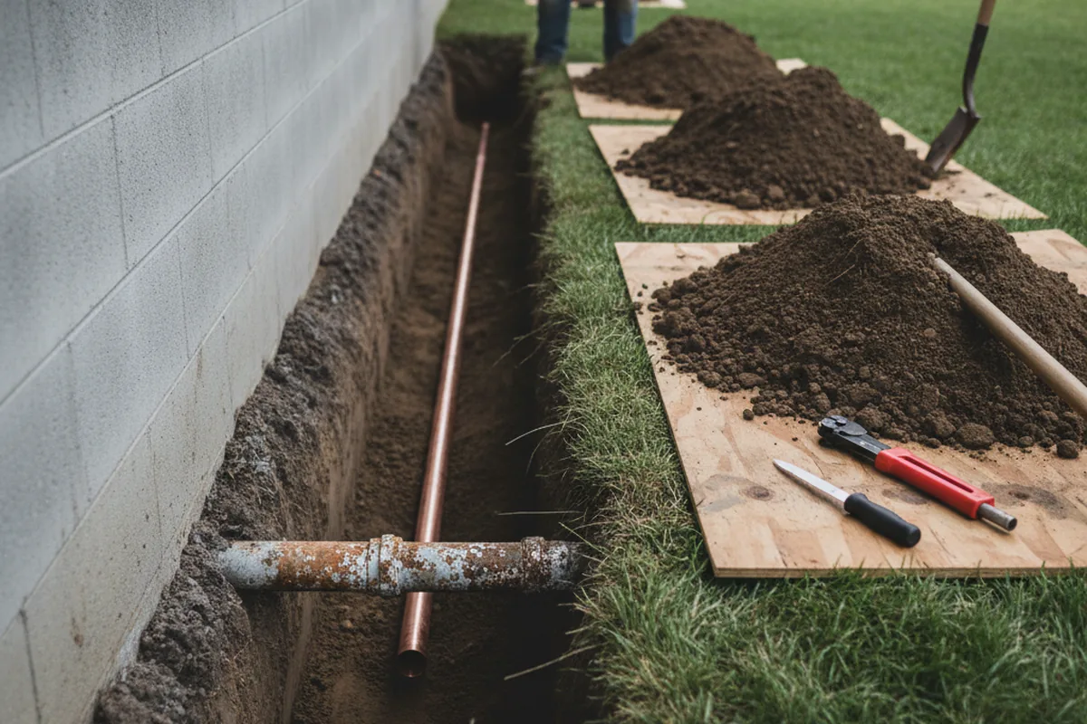 Excavated water line trench during Sewer Line Repair in Hazelwood
